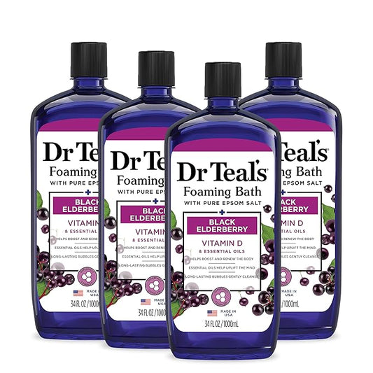 Dr Teal's Foaming Bath with Pure Epsom Salt, Black Elderberry with Vitamin D, 34 fl oz (Pack of 4)
