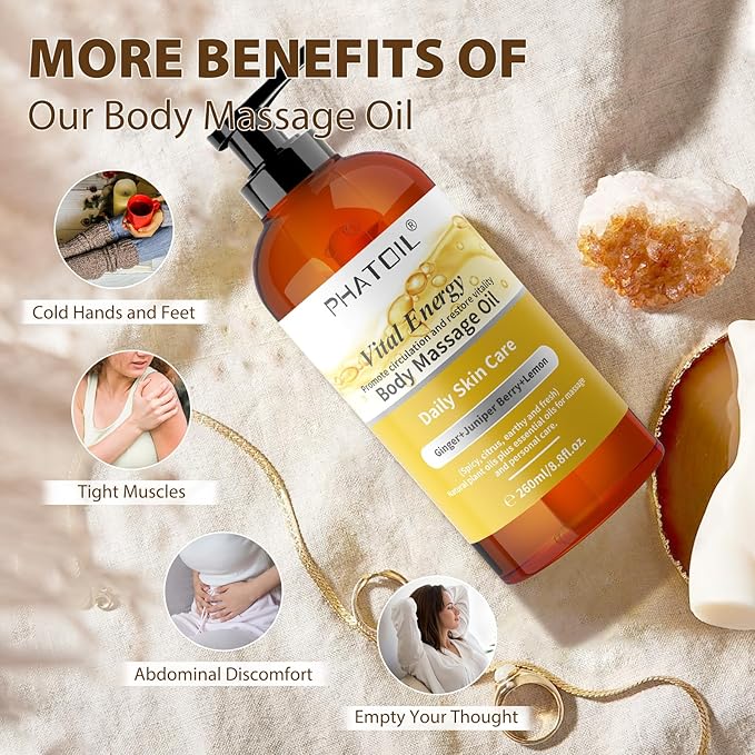 Ginger Oil Ginger Body Massage Oil for Gua Sha, with Lemon,Juniper Berry, 260ML Large Bottle Warming Body Oil for Spa, Lymphatic Drainage, Muscle(8.8oz)