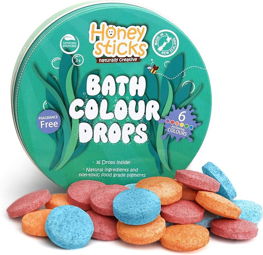 Honeysticks Bath Color Tablets for Kids - Non Toxic Bathtub Drops Made with Natural Ingredients and Food Grade Colors - Fragrance Free - Fizzy, Brightly Colored Bathtime Fun, Great Gift - 36 Drops