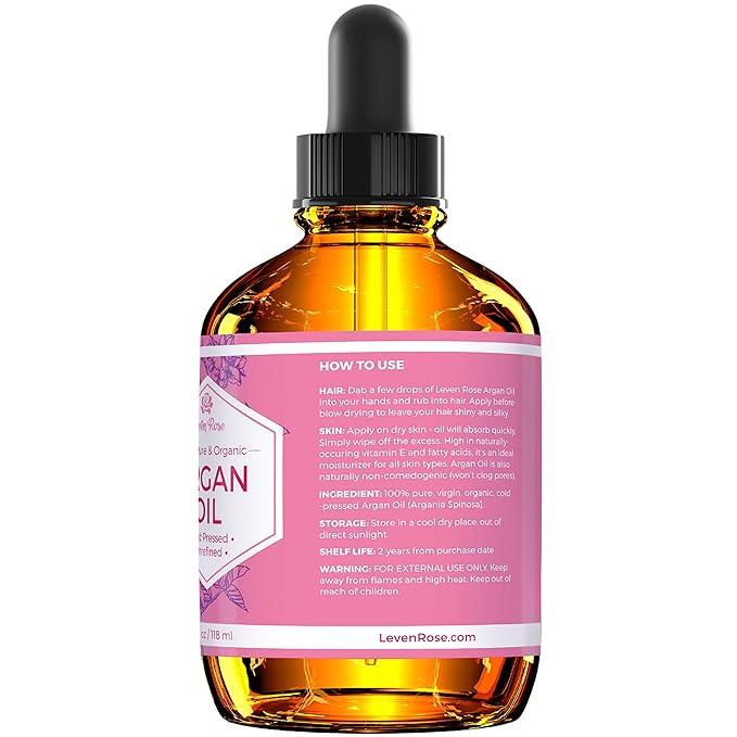 Leven Rose Argan Oil for Face, Hair and Skin - 4 oz 100% Pure Moroccan Cold-Pressed Organic