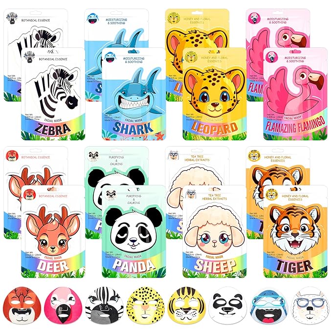16 Pcs Animal Face Masks Bulk Animal Character Sheet Skincare Facial Mask for Women Face Spa Party Gifts, Holiday Night, Birthday Party Supplies