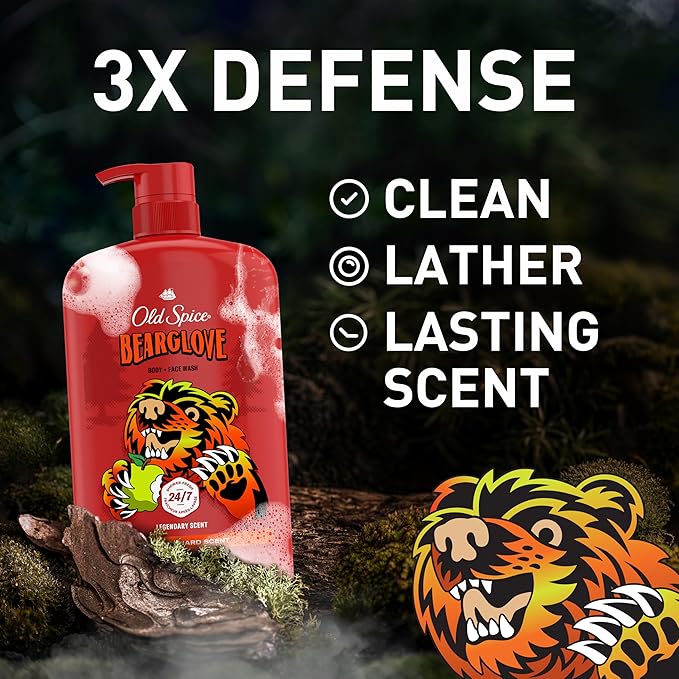 Old Spice Cleansing Body Wash for Men, 3X Defense, 24/7 Shower Fresh with Lasting Scent, 2-in-1 Body & Face Wash, Bearglove with Crisp Orchard Scent, 33.4 (Pack of 4)