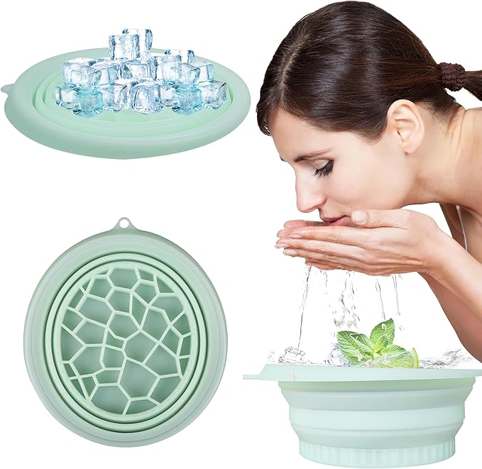 Silicone Face Bowl for Ice with Built-in Icetray,Ice Facial Folding Washbasin,Foldable and Portable Ice Bath Face Bowl for Skin Tightening, Acne Relief,Facial Plunge Bowl (Green)
