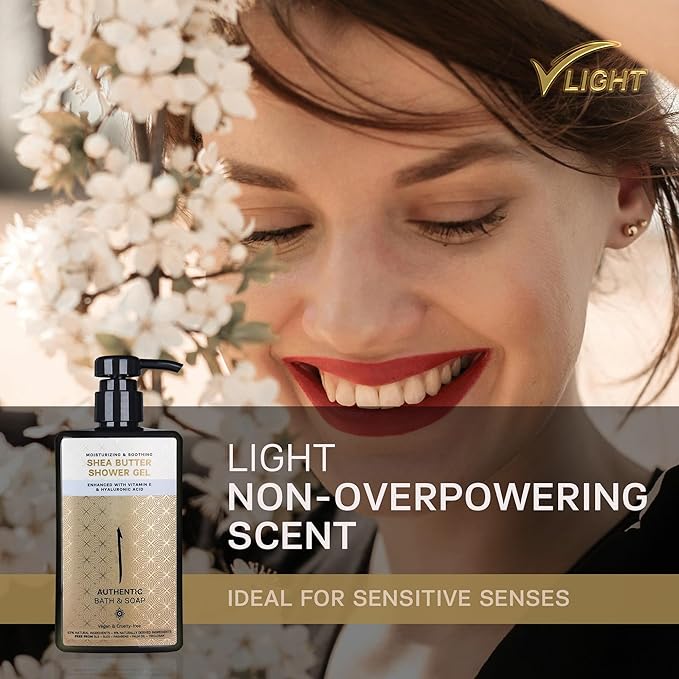 AUTHENTIC BATH & SOAP All Natural - Organic Shea Butter Body Oil with Vitamin E & Hyaluronic Acid, Moisturizing, Hydrating Shower Gel for Men & Women, Cruelty Free & Vegan, Paraben Free 16.9 Fl Oz