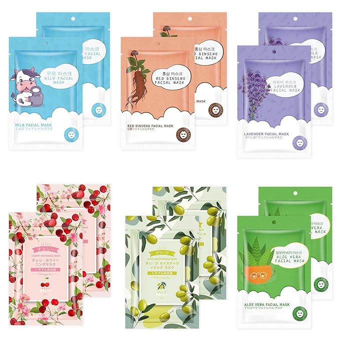 12 Sheets Face Masks Skincare, Moisturize Face Masks Suitable for Sensitive Skin, Hydrate Facial Mask for All Skin Types, Bulk Facial Masks for Women Skin Care, Soothe Face Mask for Spa Party
