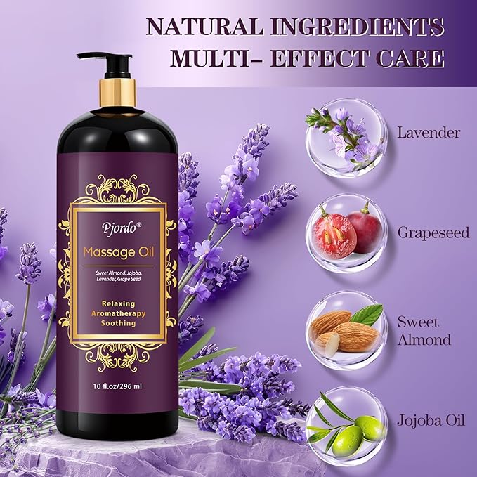 Massage Oil for Massage Therapy, Lavender Massage Oils for Relaxation, Sore Muscle Arnica Oil with Massage Roller Ball, Calming, Moisturizing, Soothes Muscles, Spa Gift Set for Him Her