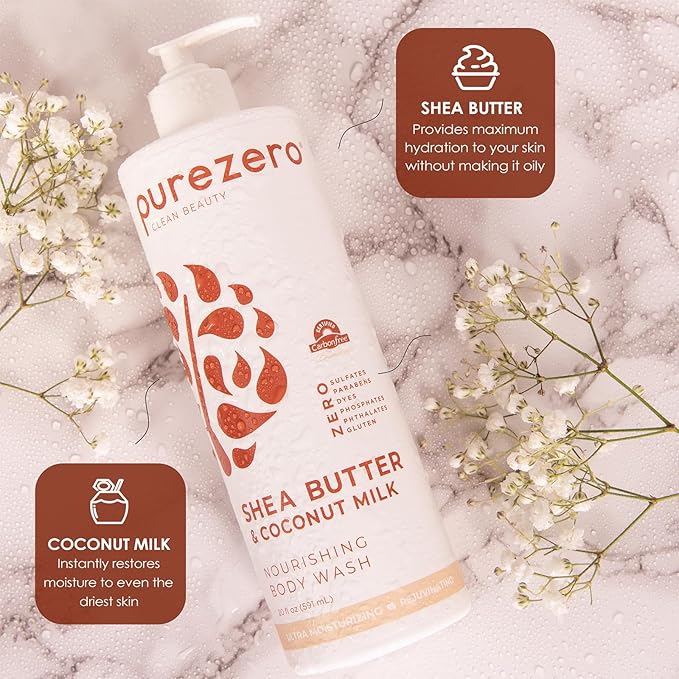 Purezero Shea Butter & Coconut Milk Body Wash, Leaves Skin Hydrated and Fresh, Maintain Elasticity and Smoothness, Zero Sulfates, Parabens, Dyes,100% Vegan & Cruelty-Free (20oz, 2 Pack)