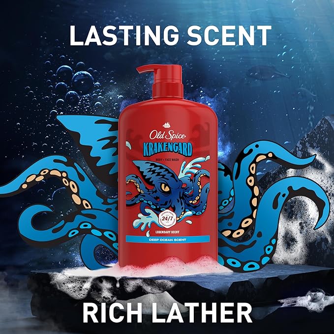 Old Spice Cleansing Body Wash for Men, 3X Defense, 24/7 Shower Fresh with Lasting Scent, 2-in-1 Body & Face Wash, Krakengard with Deep Ocean Scent, 33.4 (Pack of 4)
