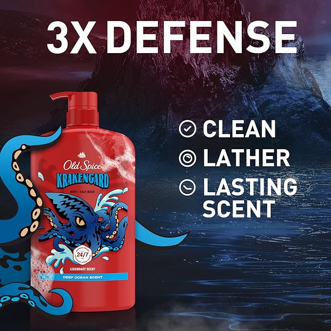 Old Spice Cleansing Body Wash for Men, 3X Defense, 24/7 Shower Fresh with Lasting Scent, 2-in-1 Body & Face Wash, Krakengard with Deep Ocean Scent, 33.4 (Pack of 4)