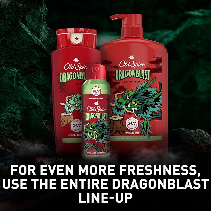 Old Spice Cleansing Body Wash for Men, 3X Defense, 24/7 Shower Fresh with Lasting Scent, 2-in-1 Body & Face Wash, Dragonblast Scent, 33.4 (Pack of 4)