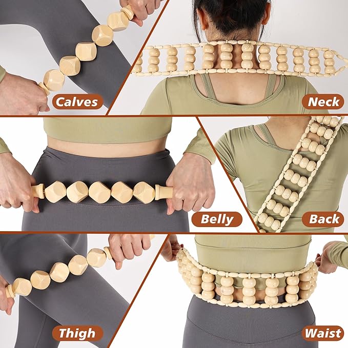 Wood Therapy Tools for Body Shaping,8 in 1 Wood Therapy Massage Tools,Wooden Gua Sha Tools,Lymphatic Drainage Massager,Maderoterapia kit,Wooden Massager Roller Rope for Body Shaping, Beige