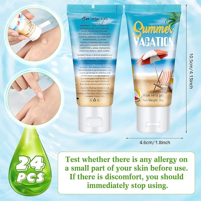 24 Pcs Mini Aloe Vera Gel Travel Size Bulk for Summer Vacation Party 1oz After Sun Aloe Vera Gel Sunburn Relief Hydrating Face Body Moisturizer Cream for Gifts Summer Party Supplies