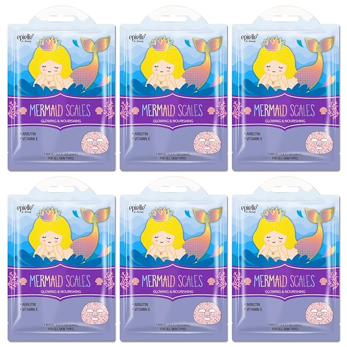 Epielle Animal Character Sheet Masks Mermaid Scales 6 Pack, Glowing & Nourishing Face Mask Skincare Set with Arbutin, Girls Spa Party Favors, Sleepover, Self Care Gifts for Women, Korean Skin Care