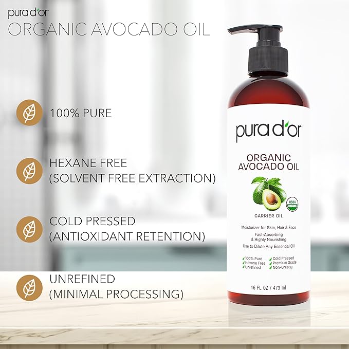 PURA D'OR 16 Oz ORGANIC Avocado Oil - 100% Pure & Natural USDA Certified Cold Pressed Carrier Oil For DIY Beauty, Non-Greasy, Unscented, Hexane Free Liquid Moisturizer - Face Skin & Hair - Men & Women