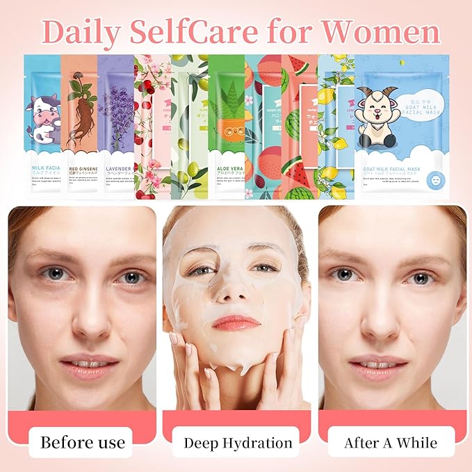 20 Sheets Face Masks Skincare,Hydrating Face Masks Suitable for All Skin Types,Facial Masks for Women Skin Care, Soothe and Moisture Face Sheet Masks for Spa