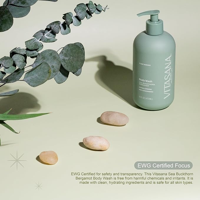 Vitasana Natural Body Wash for Sensitive Skin, 16 oz – Sea Buckthorn & Bergamot Scent, 98.9% Plant‑Derived, EWG Verified, Hypoallergenic, Paraben‑Free, Sulfate‑Free, Cruelty‑Free