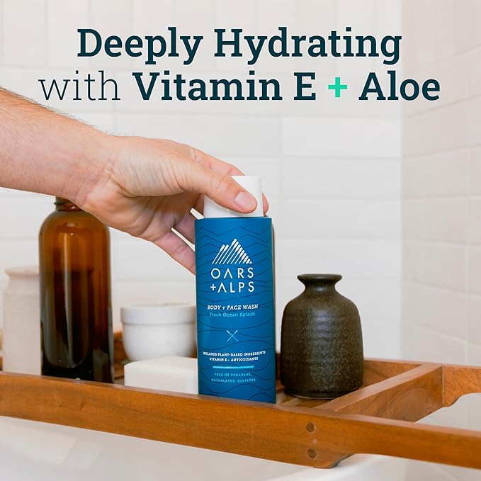 Oars + Alps Body and Face Wash for Men, Mens Body Wash with Vitamin E and Antioxidants, Moisturizing, Hydrating, Paraben & Sulfate Free Cleanser, Fresh Ocean Splash, 2pk