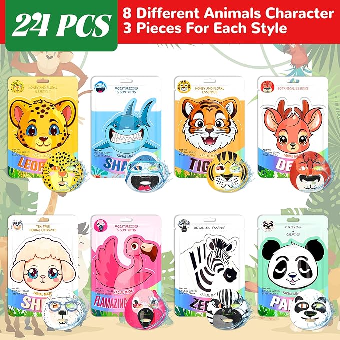 24 Pcs Animal Face Masks Bulk Spa Sheet Skincare Facial Mask Funny Face Skin Care for Women Girls Sleepover Slumber Party