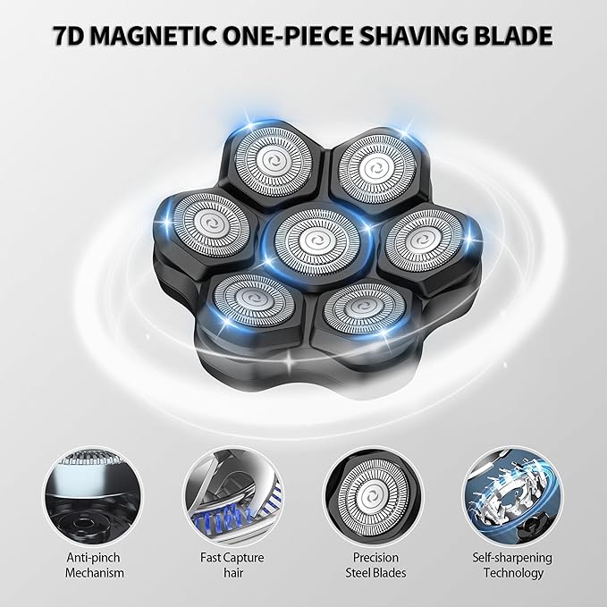 Magnetic Head Shaver Replacement Heads 7 Double Ring Waterproof Rotary Razor Blades for Bald Men Compatible with freebird wyklaus shpavver (black)