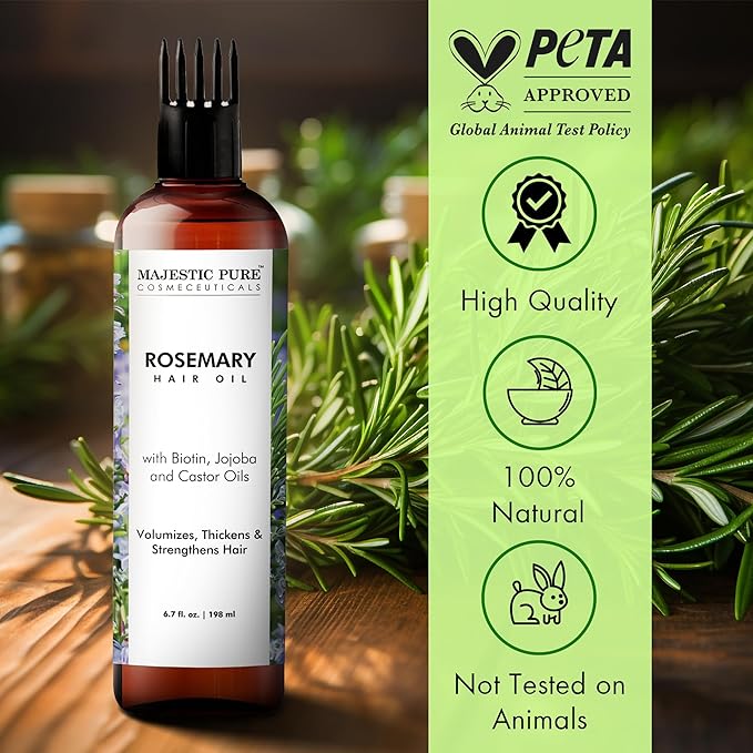 Majestic Pure 100% Pure Rosemary Oil with Biotin for Hair Care, Strengthening, Nourishing, and Volumizing Formula with Jojoba Oil and Castor Oil - Non GMO Verified, 198 ml