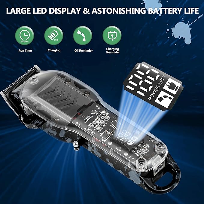 Professional Hair Clippers for Men, Cordless Barber kit for Hair Cutting & Grooming, Black Hair Clippers Set for Barber Haircut with LED Display 8 Fade Taper Combs