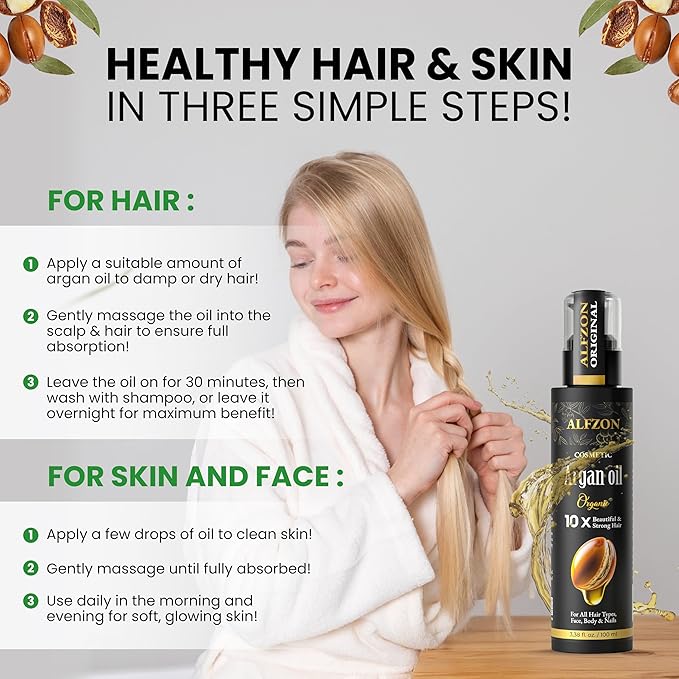 𝓐𝓛𝓕𝓩𝓞𝓝 Moroccan Argan Oil 100% Pure USDA Organic, Cold Pressed, Hair Treatment & Growth For Dry, Damaged, Curly & Frizzy Hair, Skin, Face, Body & Beard, Anti Aging For Women & Men, Large 3.38 oz