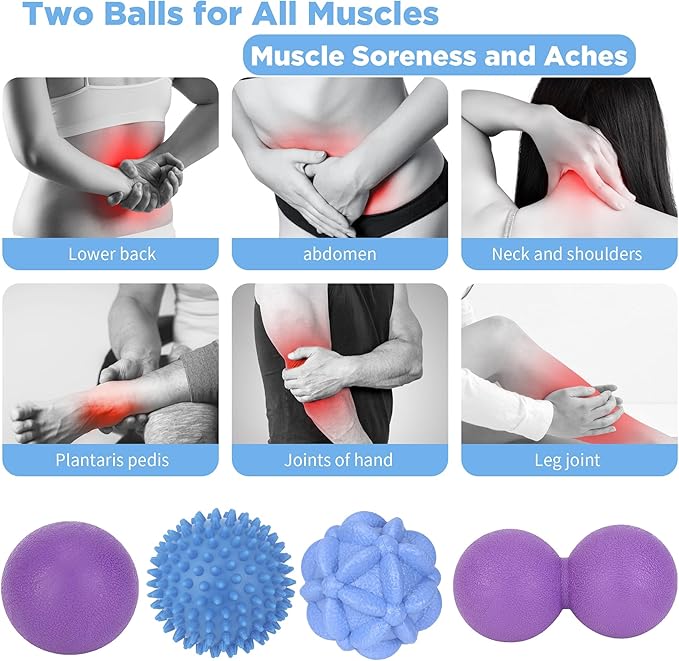 Massage Ball Set for Trigger Point Release - Peanut, Spiky & Lacrosse Balls - Deep Tissue Massage Therapy - Set of 4 (Purple)