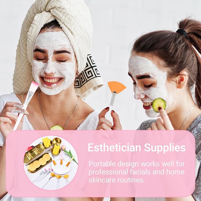 26Pcs Esthetician Supplies for Facials Set - 3 Stainless Steel Gold Mixing Bowls Gold Small Serving Tray 3 Compartment Serving Tray 3 Facial Fan Brushes 6 Face Mask Applicator Brush 12 Face Sponges