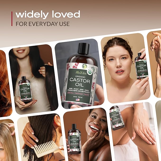 Ella & Eden Organic Castor Oil – Cold-Pressed, Hexane-Free, USDA Certified, Unrefined & 100% Pure | For Hair Growth, Skin and Face – 32 fl oz