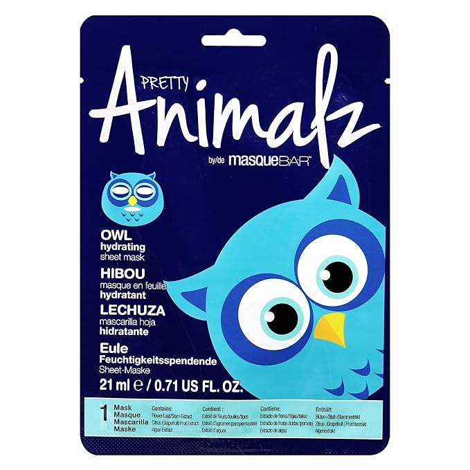 masque BAR Pretty Animalz Animal Character Sheet Mask, Korean Skin Care, Korean Spa Masks for All Skin Types, Spa Gifts, Birthday Party Gifts, Girls' Night, Skincare Party, Owl Pack of 6
