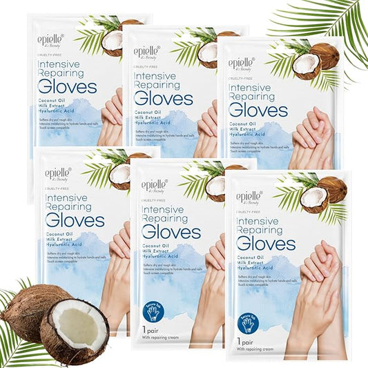 Epielle Intensive Repairing Hand Masks 6 Pairs, Deep Moisturizing Gloves for Dry, Cracked Hands, Repair with Coconut Oil & Milk Extract, Korean Skin Care, Spa Set, Self Care Gifts for Women