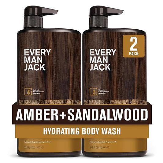 Every Man Jack Nourishing Amber + Sandalwood Mens Body Wash for All Skin Types - Cleanse, Nourish, and Hydrate Skin with Naturally Derived Coconut, Glycerin - 33.8 fl oz - 2 Bottles