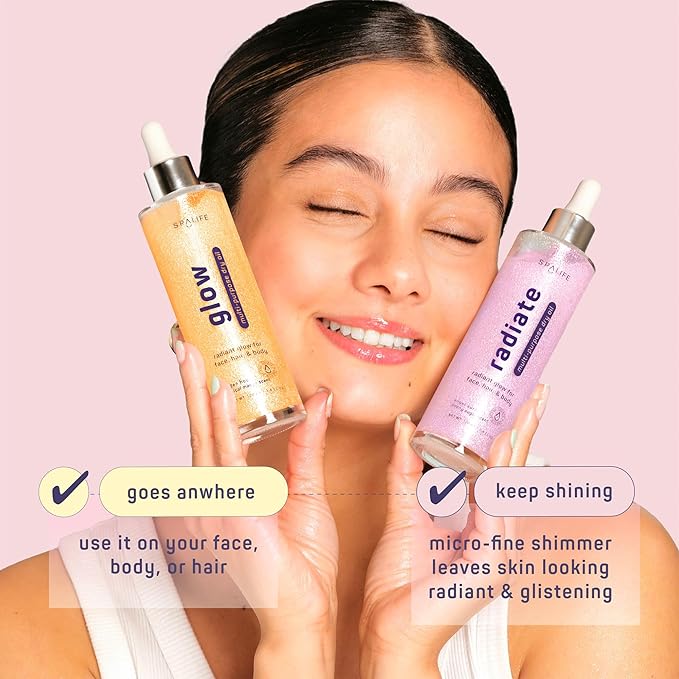 SpaLife Beauty Radiate & Glow Shimmer Oil Bundle – Dry Oil Duo with Subtle & Noticeable Shimmer – Mango & Peony Scents – Hydrating, Lightweight Moisture