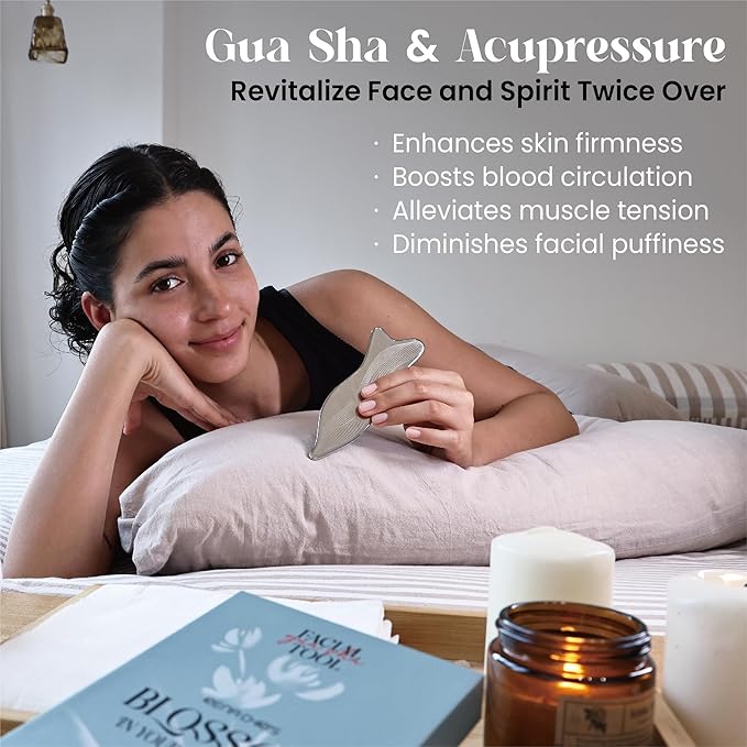 Rena Chris Stainless Steel Gua Sha Facial Tools - Acupressure & Gua Sha for Face Massage, Jawline Sculpting, Puffiness Reduction. Includes Carry Pouch and Cleaning Cloth - Skin Care Gift, Silver