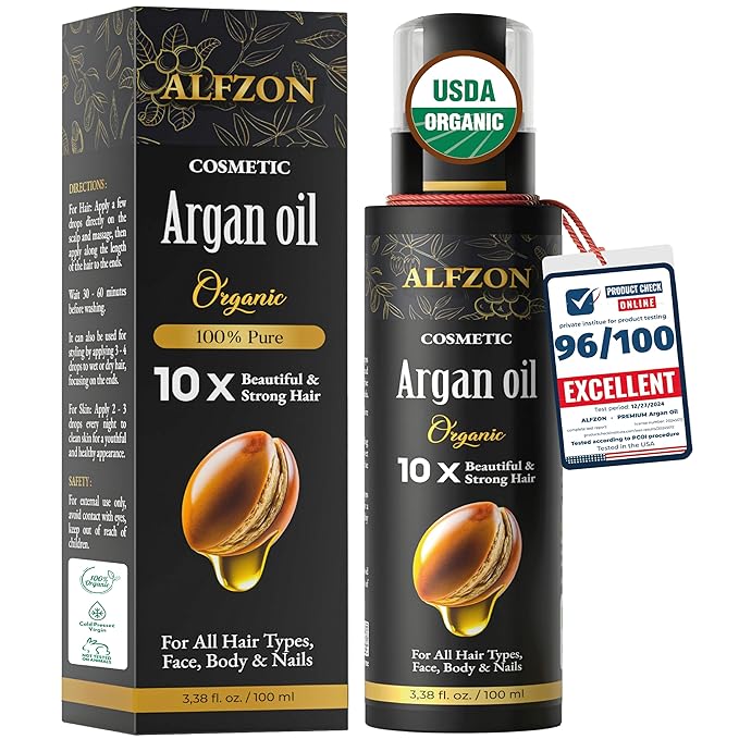 𝓐𝓛𝓕𝓩𝓞𝓝 Moroccan Argan Oil 100% Pure USDA Organic, Cold Pressed, Hair Treatment & Growth For Dry, Damaged, Curly & Frizzy Hair, Skin, Face, Body & Beard, Anti Aging For Women & Men, Large 3.38 oz