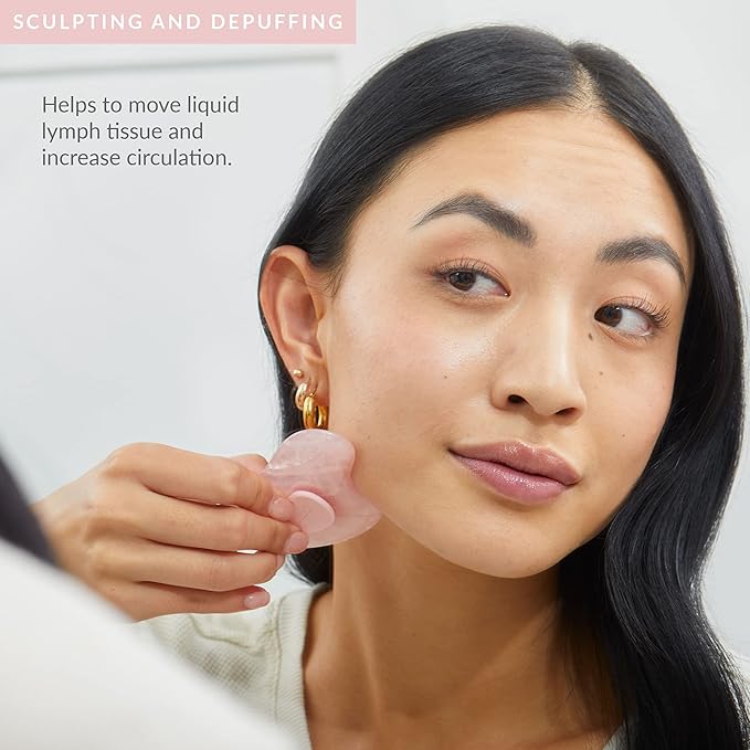 PMD Beauty Gua Sha Facial Tools - Massaging, Sculpting and Depuffing Guasha Tool for Face with Rose Quartz and Silicone Grip - Reduce Tension & Inflammation