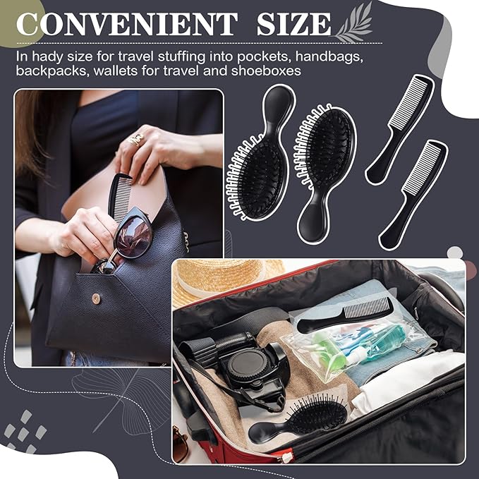 48 Pcs Mini Hair Brush and Combs Set Bulk for Homeless Individually Wrapped Curly Thick Long Smoothing Hair Brush for Women Men Kids Hotel Nursing Charity(Black)