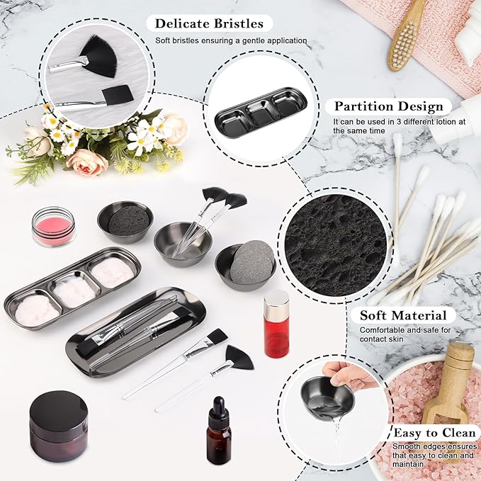 21 Pcs Black Esthetician Supplies 3 Stainless Steel Facial Mask Mixing Bowls 3 Fan Brushes Esthetician 3 Facial Flat Brushes Skincare Tray 3-Compartment Serving Tray 10 Round Compressed Facial Sponges