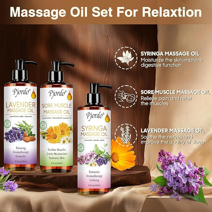 Body Massage Oil for Massage Therapy Kit, Lilac, Lavender, Sore Muscle Arnica Oil with Massage Roller Ball, Relaxing Massage Oils for Pain Relief, Spa Gift Set for Him Her