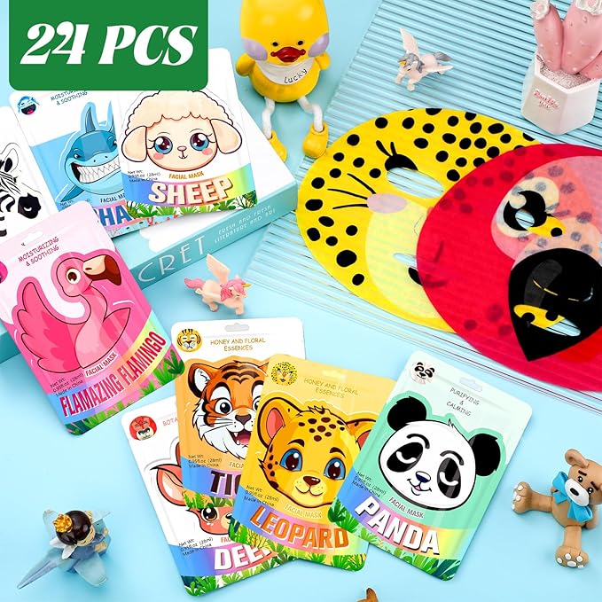 24 Pcs Animal Face Masks Bulk Spa Sheet Skincare Facial Mask Funny Face Skin Care for Women Girls Sleepover Slumber Party