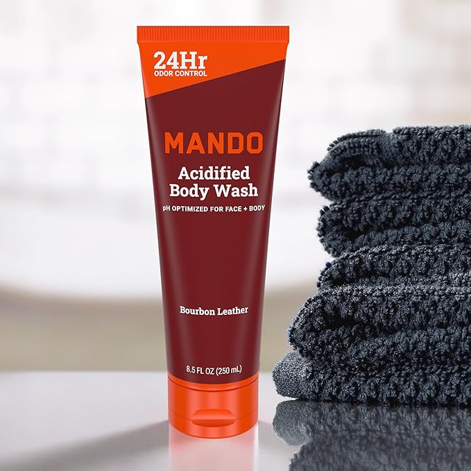 Mando Odor Shield Body Wash - 24 Hour Control - Removes Odor Better than Soap - SLS Free, Paraben Free, Skin Safe - 8.5 Ounce (Pack of 2) (Bourbon Leather)