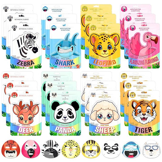 24 Pcs Animal Face Masks Bulk Spa Sheet Skincare Facial Mask Funny Face Skin Care for Women Girls Sleepover Slumber Party