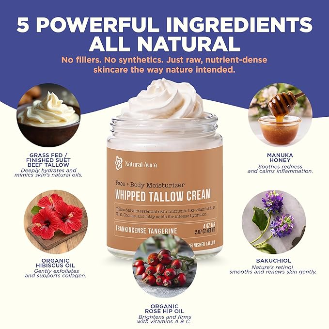 Whipped Beef Tallow for Skin - Face + Body Moisturizer, 100% Grass Fed Grass Finished Tallow and Honey Balm for Sensitive Skin - Natural Lotion - Free of Harsh Chemicals - 4oz, (Citrus Frankincense)