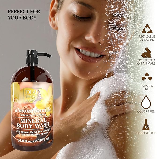 Dead Sea Collection Almond Vanilla Body Wash for Women and Men – Almond Vanilla Scent with Dead Sea Minerals – Moisturizing Shower Gel for Dry & Sensitive Skin – 33.8 fl oz