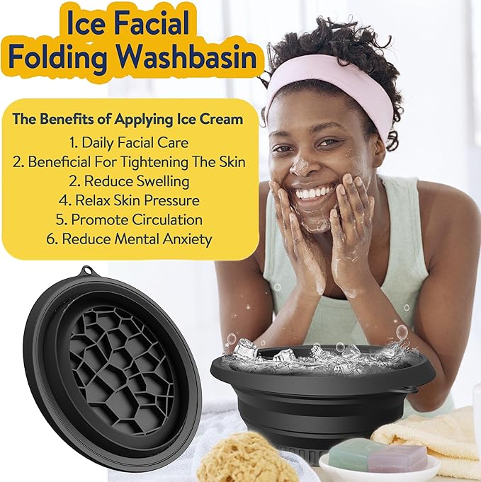 Silicone Face Bowl for Ice with Built-in Icetray,Ice Facial Folding Washbasin,Foldable Face Ice Bath Bowl,Skin Tightening, Acne Relief Facial Plunge Bowl for Home & Travel (Black)