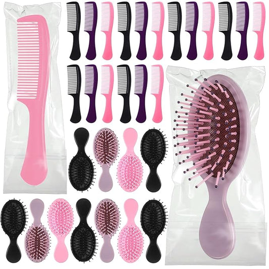 48 Pcs Mini Hair Brush and Combs Set Bulk for Homeless Individually Wrapped Curly Thick Long Smoothing Hair Brush for Women Men Kids Hotel Nursing Charity(Multicolor)