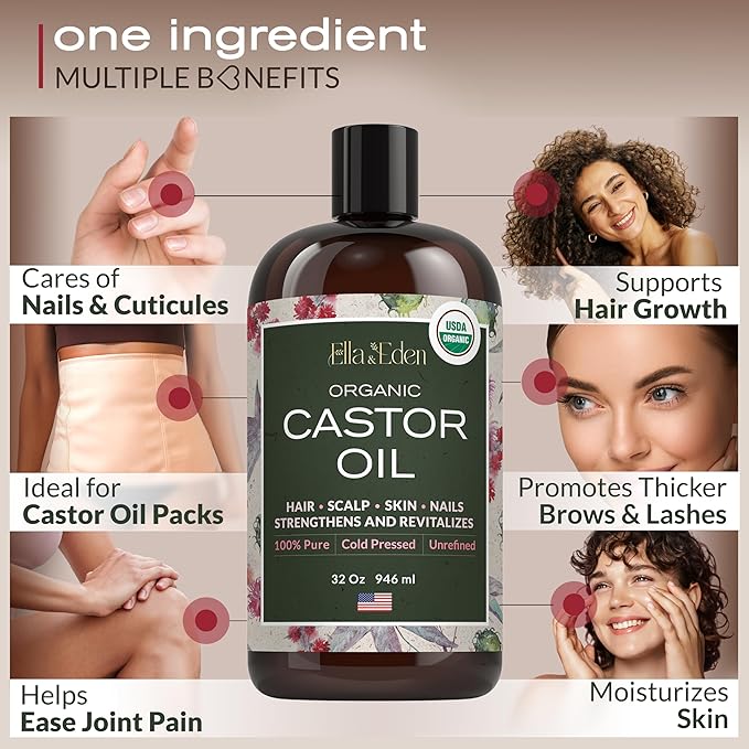 Ella & Eden Organic Castor Oil – Cold-Pressed, Hexane-Free, USDA Certified, Unrefined & 100% Pure | For Hair Growth, Skin and Face – 32 fl oz