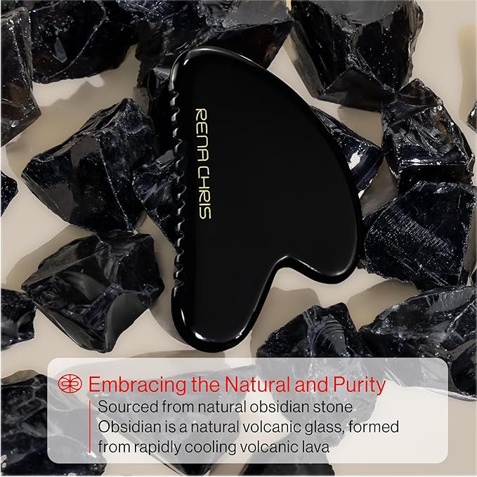 Rena Chris Gua Sha Facial Tools, Natural Obsidian Gua Sha with Teeth for Face & Body, Manual Massage Sticks for Jawline Sculpting and Puffiness Reducing, Facial Massage Tool, Skin-Care (Black)