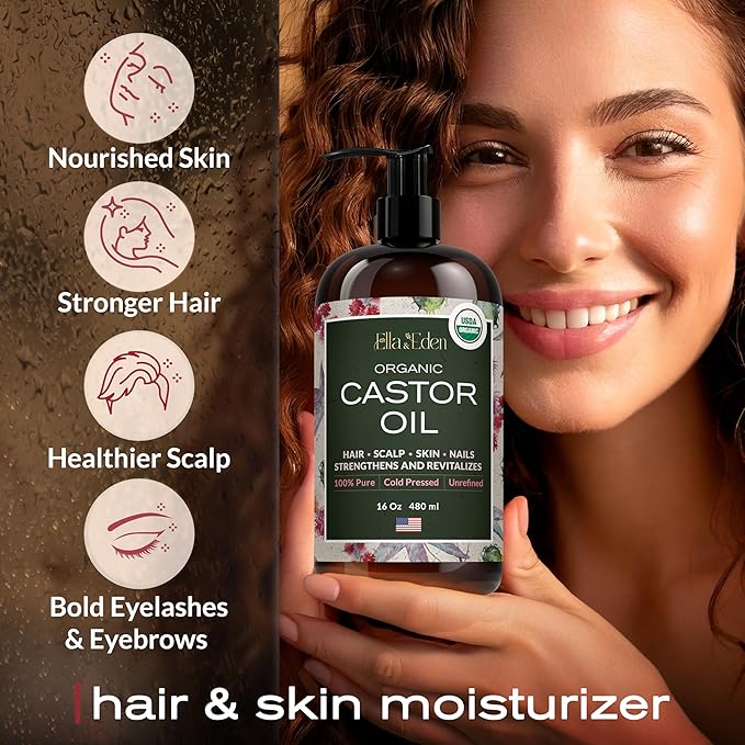 Ella & Eden Castor Oil Organic – Cold Pressed Hexane-Free Unrefined Glass Bottle | Castor Oil For Hair Growth, Face, Skin | USDA Certified 100% Pure – 16 Oz