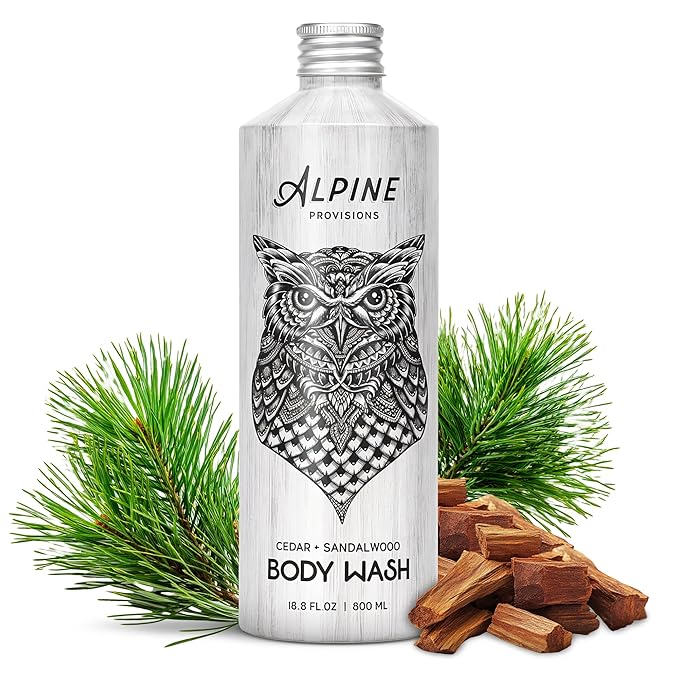 Alpine Provisions Cedar & Sandalwood Body Wash - Cleanse & Moisturize Naturally with Essential Oils - Vegan, Sulfate & Plastic Free - Gentle on Skin Natural Body Wash for Men and Women - 16.9 fl oz